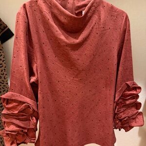 glam On The Dot Wine Long Sleeve Blouse Rusty Rose Polka Dot Ruffle Sleeve Top